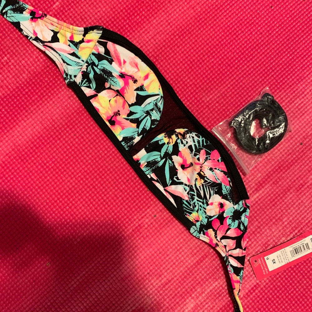 Floral & Mesh Bandeau Bikini Top with Strap